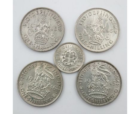 Five circulated silver coins of George VI. UK P&amp;P Group 0 (£6+VAT for the first lot and £1+VAT for subsequent lots)&nbsp;