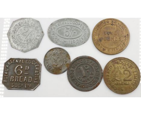 Seven Royal Arsenal Co-Operative Society tokens. UK P&amp;P Group 0 (£6+VAT for the first lot and £1+VAT for subsequent lots)
