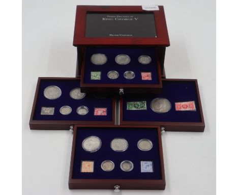 Three Decades of George V Silver Coins and stamps in presentation case. UK P&amp;P Group 2 (£20+VAT for the first lot and £4+