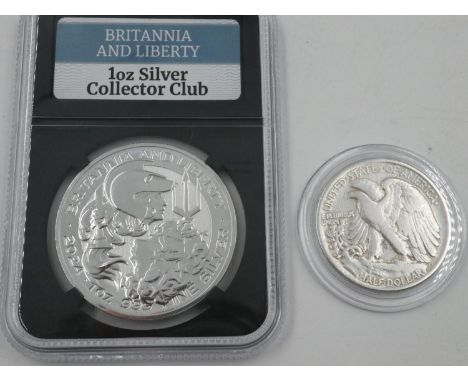 Charles III one troy ounce fine silver coin and a walking Liberty 1944 half dollar. UK P&amp;P Group 1 (£16+VAT for the first