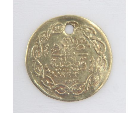 c.1800-10 Ottoman Empire gold half-cedid mahmudiye, holed, 0.6g. UK P&amp;P Group 0 (£6+VAT for the first lot and £1+VAT for 