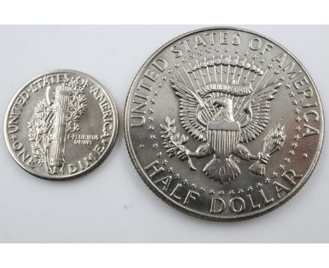 American silver Mercury dime with a silver JFK half dollar. UK P&amp;P Group 0 (£6+VAT for the first lot and £1+VAT for subse