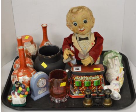 A vintage Charlie bartender figure; together with five pieces of Kutani ware; a black Wedgwood jug with silver collar; a Jasp