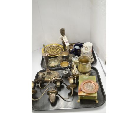 Silver plate, to include: candelabras; tankards; and others; together with an onyx box on brass claw feet; onyx table lighter