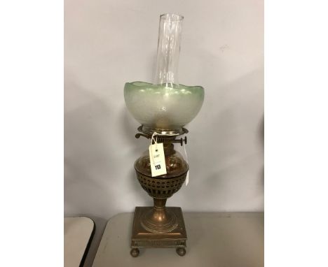 Duplex table oil lamp with green etched shade, 40cms high.