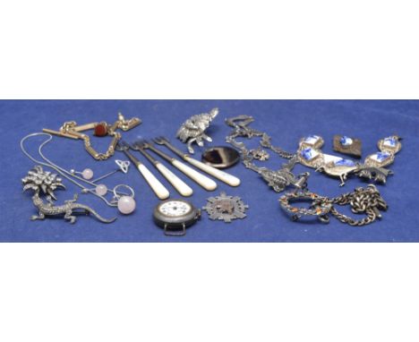Silver and white metal jewellery, including Albert chains, delft bracelet, enamel wreath, marcasite set necklace and brooches