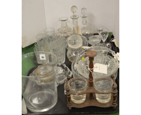 Two trays of mixed glassware, to include: three decanters, two with stoppers; ice bucket; bowls; a gilt dish on brass stand; 