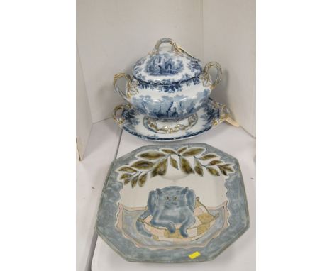 A Copeland Spode blue and white punch bowl and associated stand, depicting classical scenes; together with a Highland Stonewa