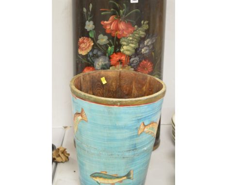 A hand painted stick stand of flower decoration; together with a hand painted fish themed waste paper basket.