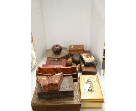 A birds-eye maple letter rack and box; together with further wooden boxes of varying designs; a 19th Century mahogany tea cad