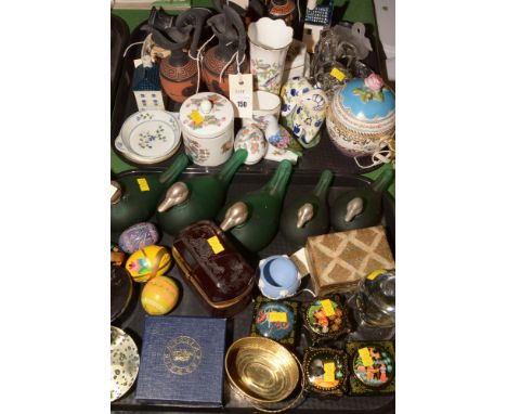 Two trays of mixed china and glassware, to include: green glass duck themed ornaments; paperweights; trinket boxes; a Bohemia