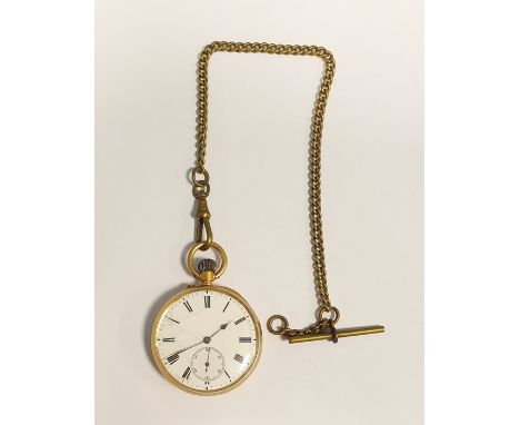 Gentleman's 18ct gold open faced pocket watch with white enamel dial, Roman numerals, subsidiary seconds dial, button winding