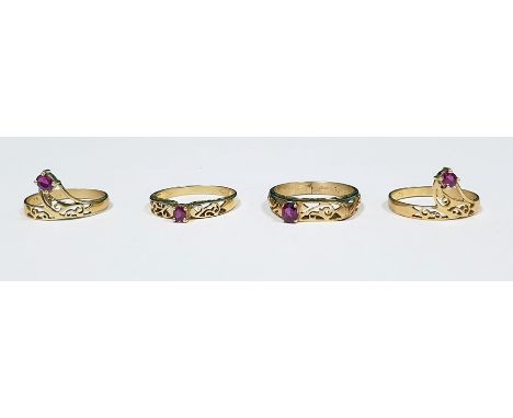 Four 9ct gold and ruby rings, each set single stone in pierced setting (4) Condition ReportThe ring sizes are n, l, n, o