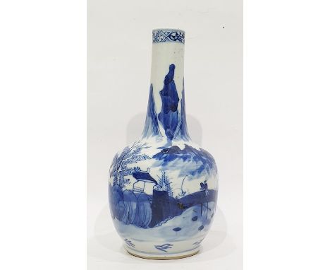 Chinese porcelain vase, ball and shaft shape, underglaze blue painted with figures and bridges in lakeside landscape, four ch