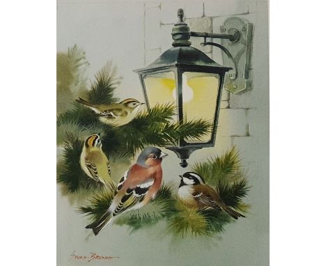 Pastel portrait of two terriers, labelled 'Jay Jaselton 1998' and a print of birds chaffinches around a lantern by Peter Swan