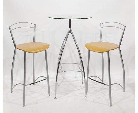 Circular glass and chrome based breakfast type table with two stools, a fire screen and a coffee table 