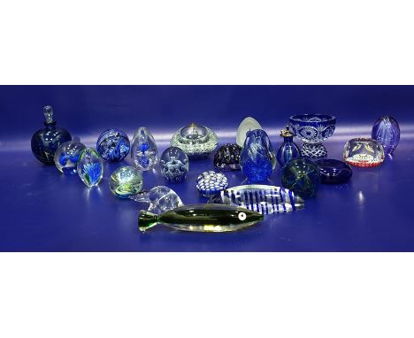 Large quantity of blue and other glass paperweights, blue flashed glass heavy pedestal salt, circular, model glass fish and o