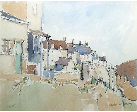 Roy HewishOil on canvas "Moving Storm", signed lower left, 24cm x 26cm (framed) Roy Hewish Watercolour drawingHouses at Horsl