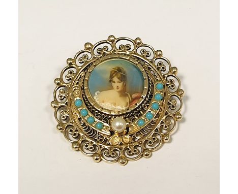 14K gold-coloured metal miniature turquoise and pearl set pendant brooch, having central circular miniature picture of head a
