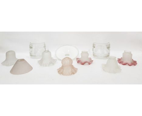 Box of assorted glass light shades to include pair of Victorian-style variegated pink, two opaque glass shades