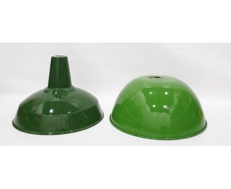 Two green enamel industrial style light shades, one by 'Real' (2) 