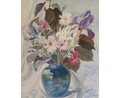 K MacKenzie (20th century - Dudley Art School)Oil on canvasCornucopia of flowers in blue iridescent vase, pale foliate backgr