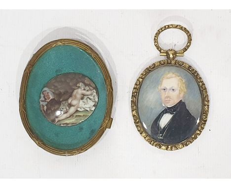 Antique enamel miniature of classical female, 3.5cm wide (within a gilt frame and glazed) and a Regency miniature portrait on