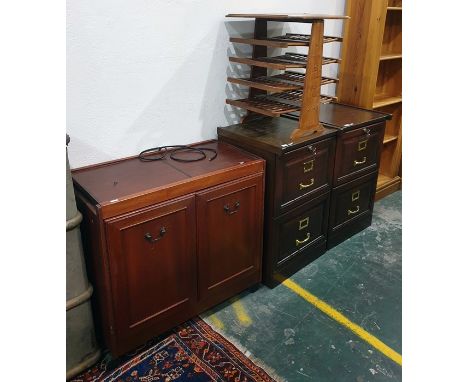 Steamer trunk, a hostess trolley, two filing cabinets and a brass inlaid Eastern style plate rack (5) 