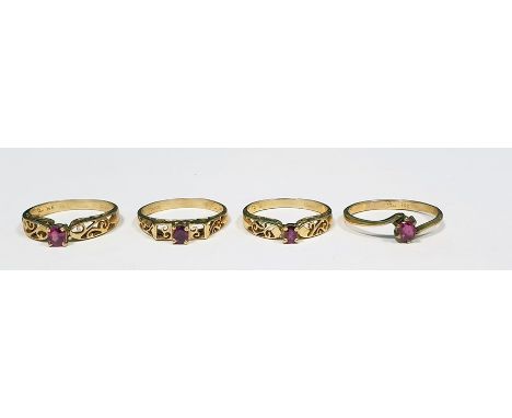 Four 9ct gold and ruby rings, each set single stone in pierced setting (4) Condition ReportThe ring sizes are m, o, l, l