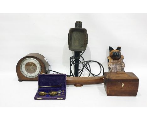 Assorted items&nbsp;to include tea caddy, model of a cat, mantel clock, boxes, etc