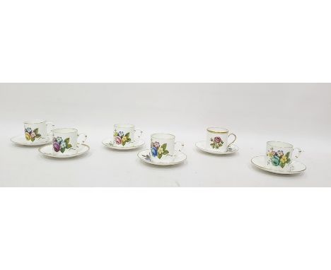 Set of six Royal Worcester china coffee cans and saucers, individually floral decorated 