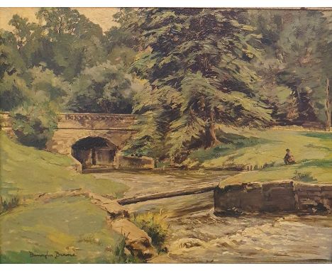 Barrington Browne Oil on board"The Churn, Rendcomb, Gloucestershire", fisherman on a bank by a bridge, labelled verso 'From R