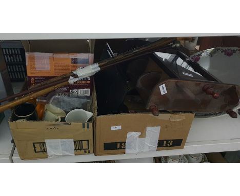 Large ceramic basin decorated with roses, a glass-fronted wall cabinet, various collectables and walking sticks (2 boxes plus