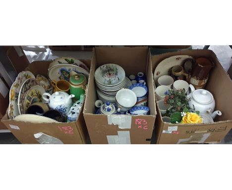 Large quantity of assorted ceramics, collectables, glassware, a wall clock, assorted table linen, assorted scarves and a vint