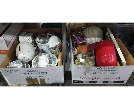 Quantity of assorted items including an enamel biscuit tin, vases, china, large pig money box, bird ornaments, pair of plaste