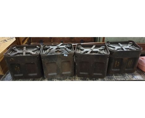 Four metal WWII ammunition boxes for 20mm high energy incendiary cartridges 