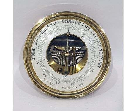 Copper and brass cased circular aneroid barometer 18cm dia