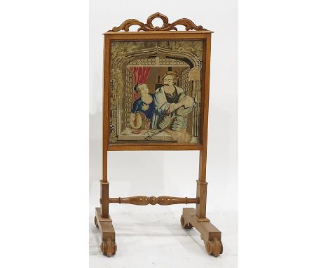 19th century firescreen&nbsp;with needlework decoration featuring couple at window