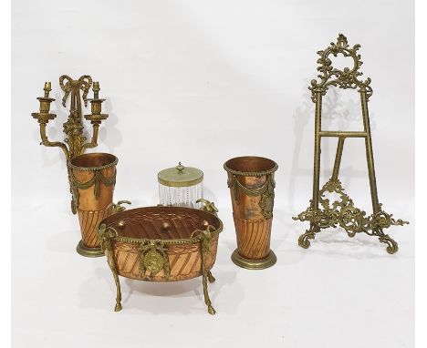 Assorted metalware to include decorative brass easel in the rococo manner, twin-branch wall-hanging light, two vases, etc (6)