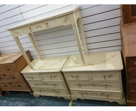 Pair of cream painted chests of two short over two long drawers, to bracket feet and matching single drawer side table (3) 