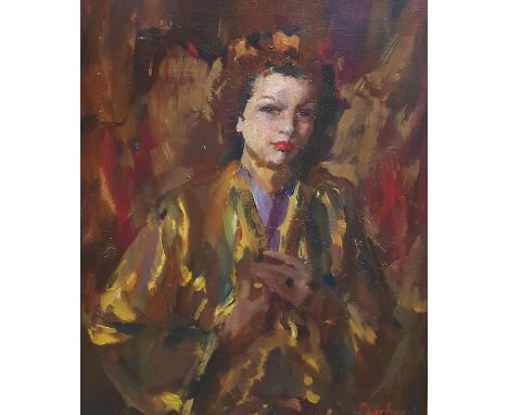 Patrick Larking (1907-1981)Oil on canvas" Shades of Brown" portrait of a young woman, signed lower right, label verso ' Sale 