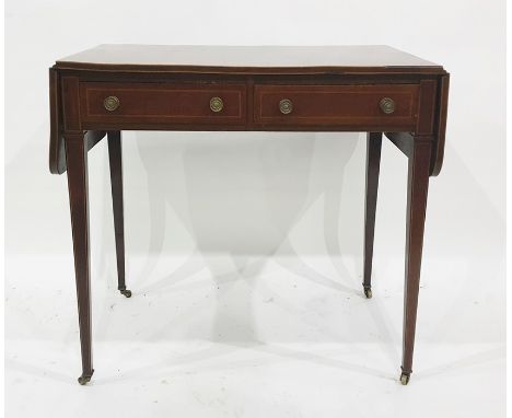 19th century mahogany inlaid drop-leaf side table with two drawers, square sectioned tapering supports terminating in brass c