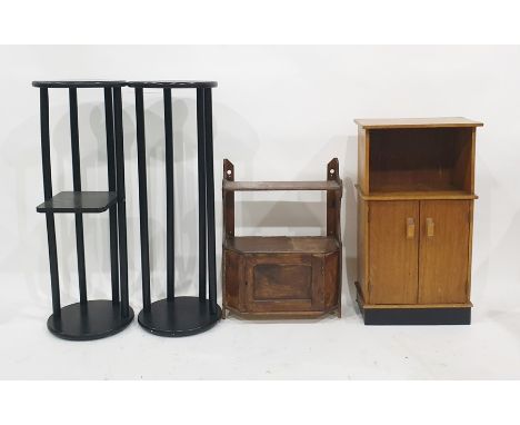 Two black painted stands, bedside cupboard and small hanging shelf (4)