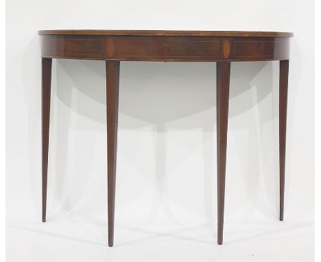 19th century mahogany and inlaid demi-lune side table, crossbanded and boxwood and ebony strung, the top supported on three s
