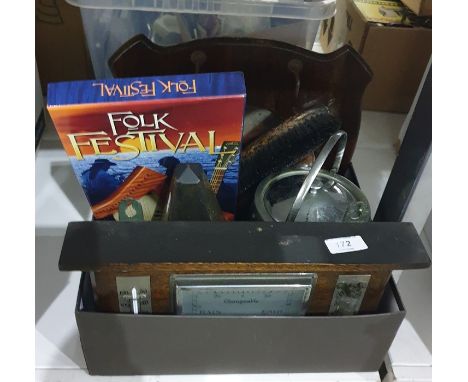 1940's barometer, a wooden and metal biscuit barrel, a clothes brush and other items (1 box) 