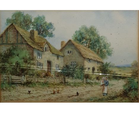 H Lilian Watercolour drawing Rustic scene with thatched cottages with girl holding a baby, chickens, signed lower left Henry 