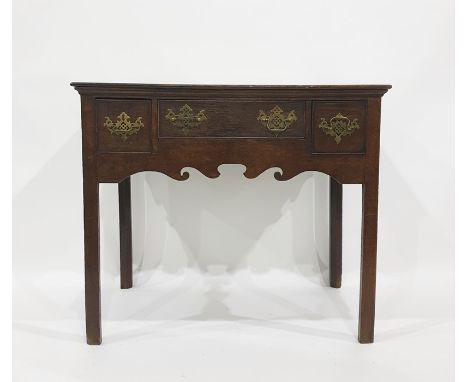18th century style oak side table with three drawers, shaped frieze, brass handles, 87 x 75cm