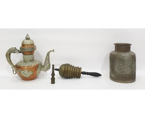 Indo-Chinese copper and silver-coloured metal coffee pot with embossed dragon decoration, 34cm high, antique brass handbell w