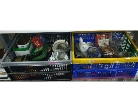 Quantity of assorted ceramics, glassware, vintage tins, magnifying glass, Ordnance Survey maps, etc (2 boxes) 