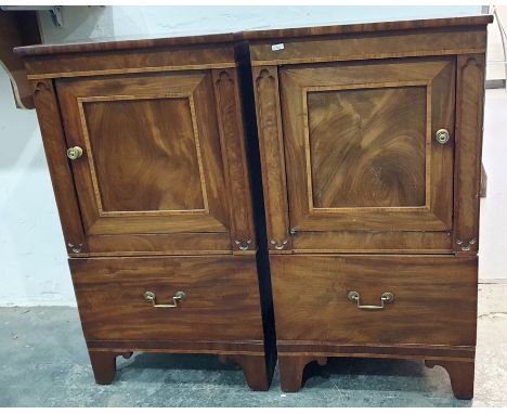 Pair of 19th century mahogany and satinwood banded single door pot cupboards, the rectangular banded top above single door an